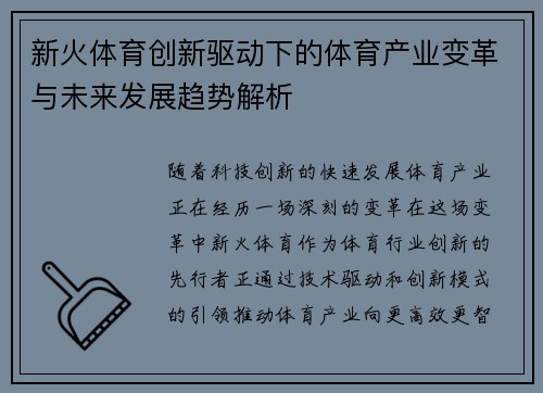 新火体育创新驱动下的体育产业变革与未来发展趋势解析