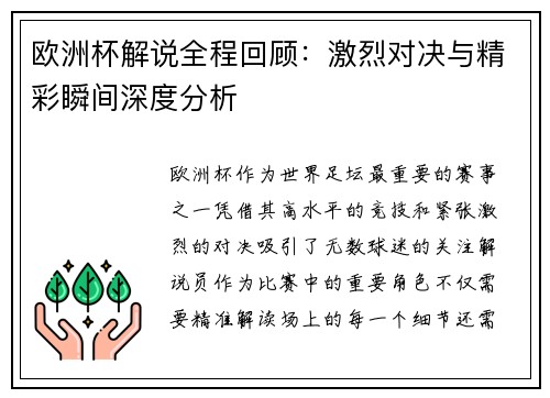 欧洲杯解说全程回顾：激烈对决与精彩瞬间深度分析