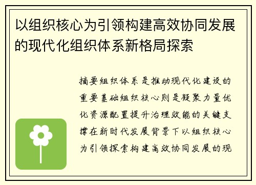 以组织核心为引领构建高效协同发展的现代化组织体系新格局探索